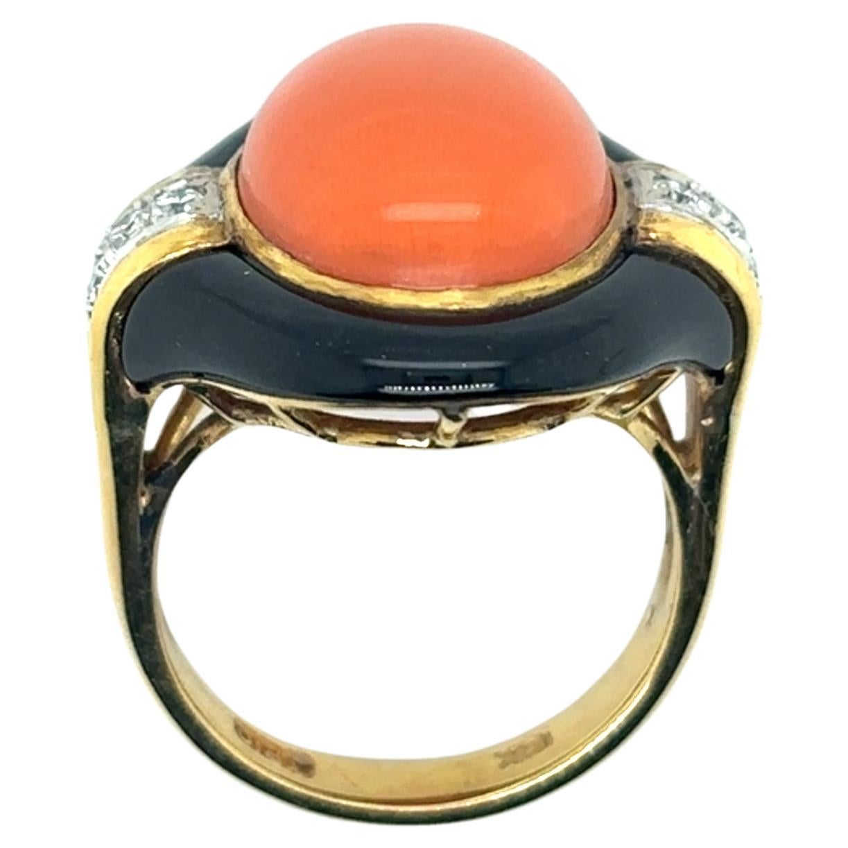 Bague de fiançailles en corail, jade noir et diamant Cts 0.15 en vente