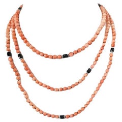 Coral & Black Spinel Beaded Necklace with White Gold Accents, 48 Inches