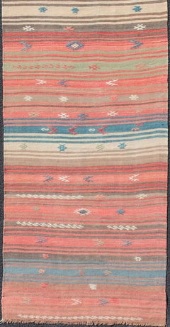 Coral, Blue and Beige Striped Vintage Turkish Kilim Handwoven Wool Runner