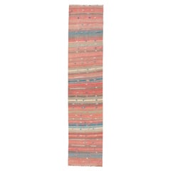 Coral, Blue and Beige Striped Vintage Turkish Kilim Handwoven Wool Runner