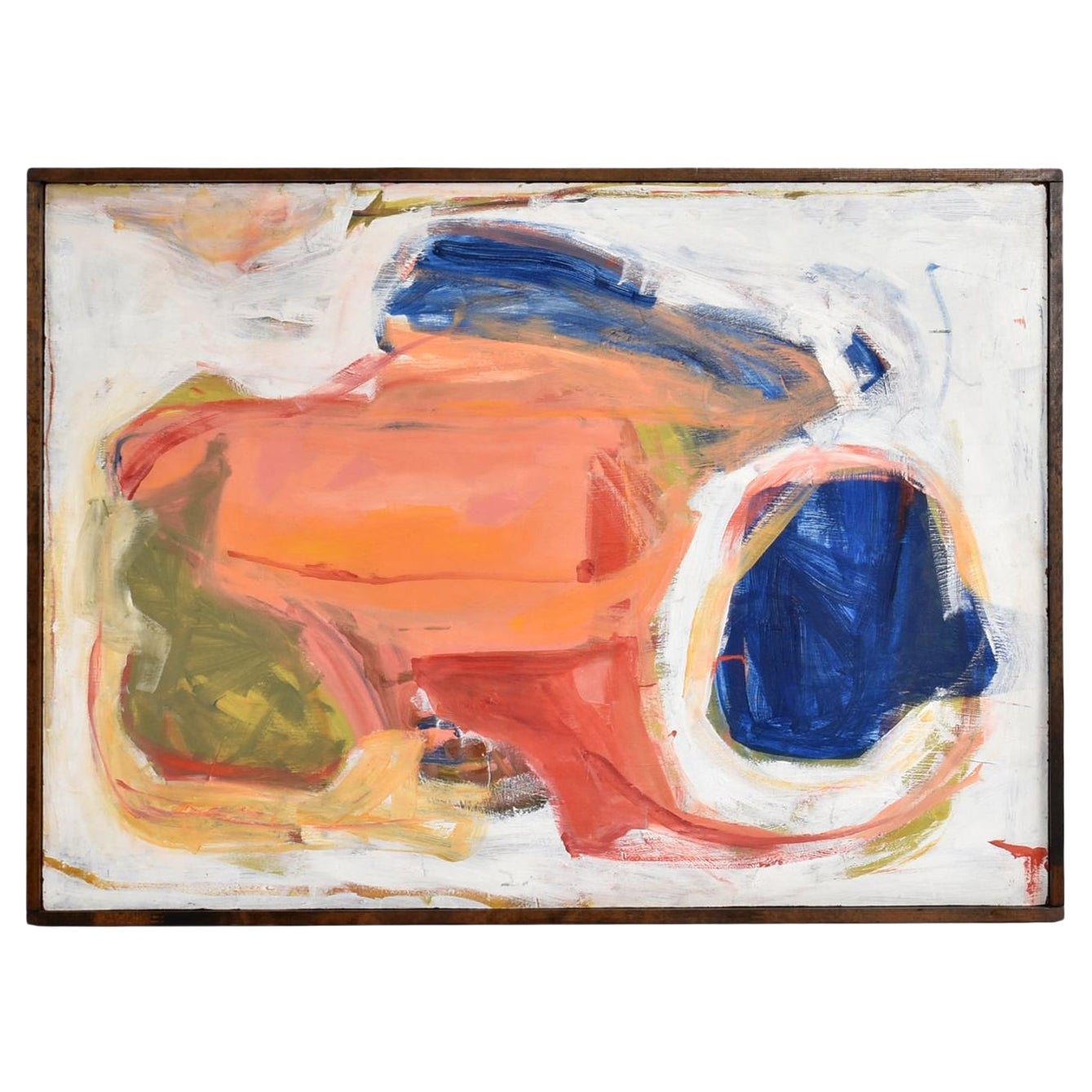 Culled from an estate in Scottsdale, Arizona. This piece seemingly dates from the Mid-Century period, likely 1960s. The large scale painting features expressive brush strokes in coral, salmon, blue and olive green hues. The painterly geometric forms