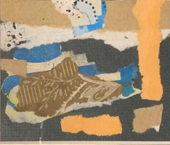 Contemporary Collage in Coral, Blue, Black, White, Framed Art, 10x9.5