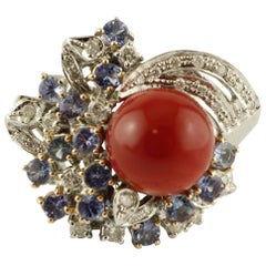 Coral, Blue Sapphires, Diamonds, 14 Karat White Gold Cocktail Ring