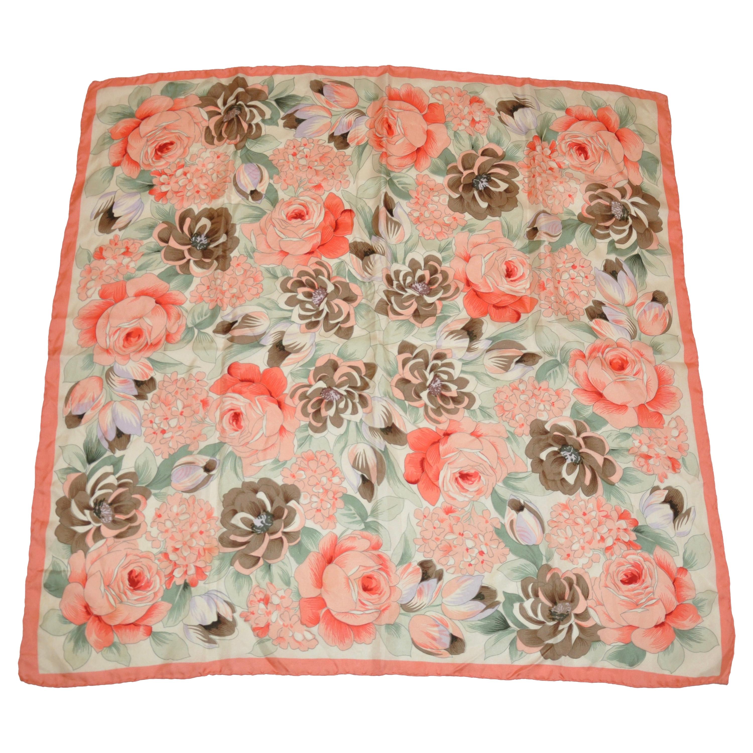 "Coral Borders" Multi Floral Silk Scarf with Hand-Rolled Edges