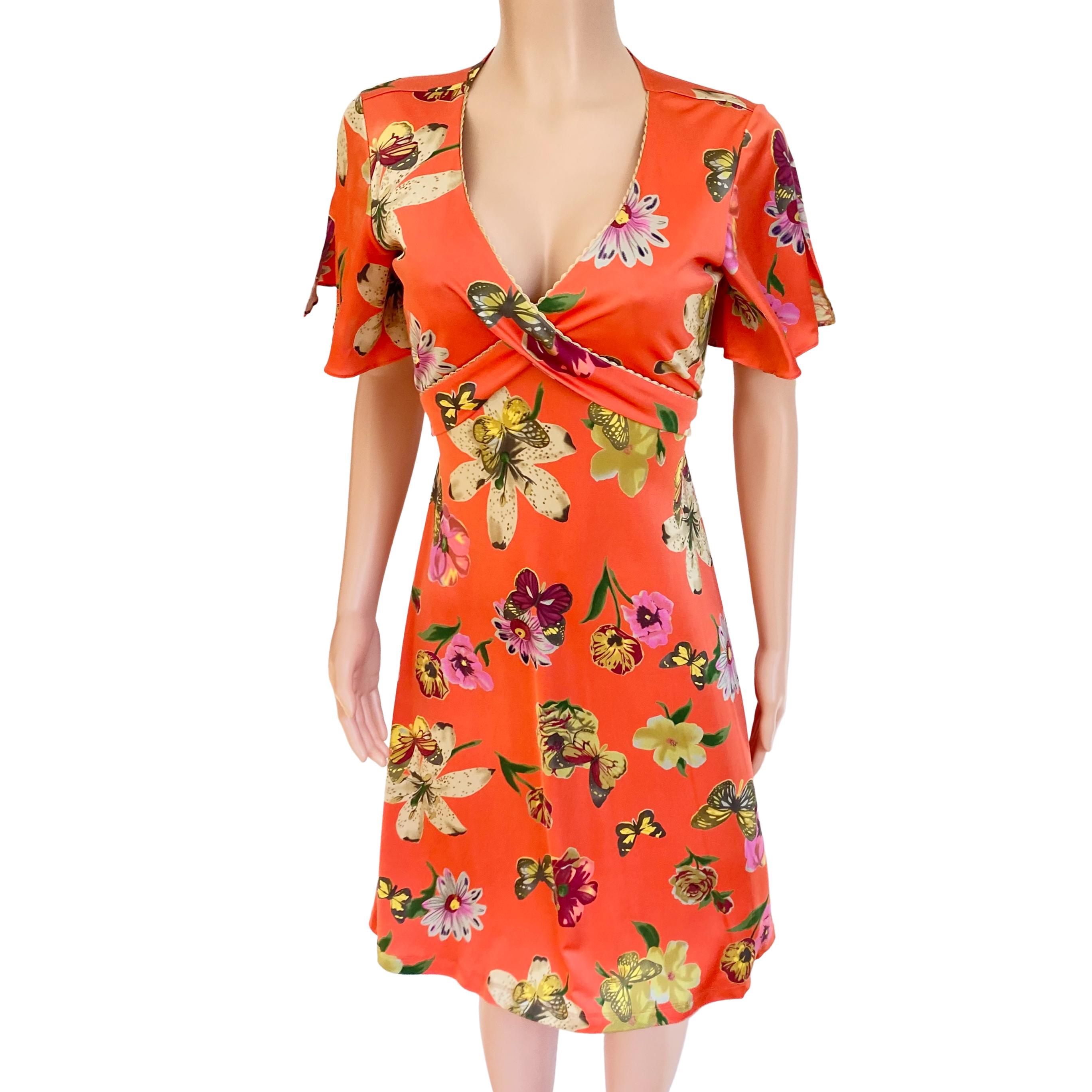 Orange Coral Botanical Floral Silk Wrap Dress - FLORA KUNG NWT For Sale