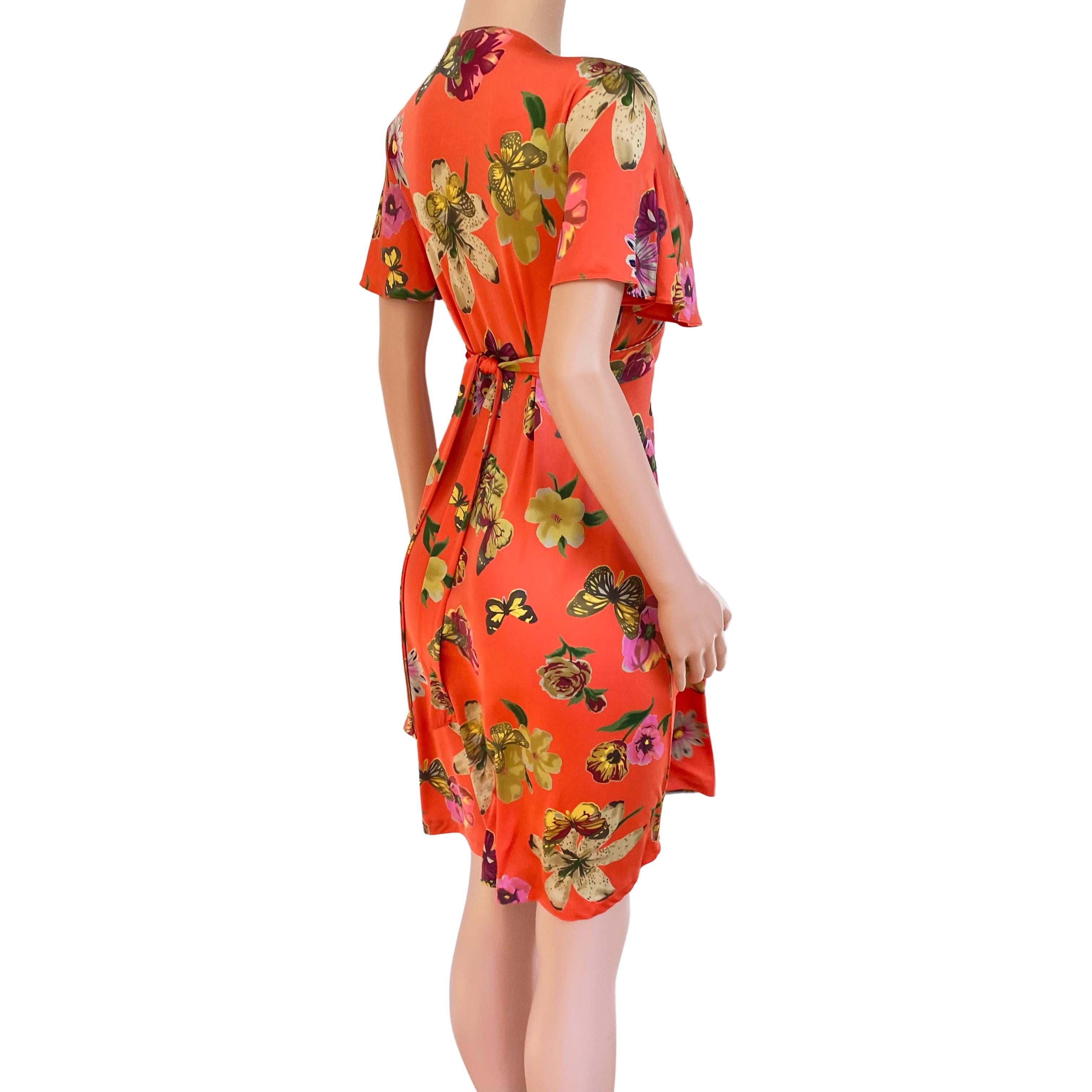 Coral Botanical Floral Silk Wrap Dress - FLORA KUNG NWT In New Condition For Sale In Boston, MA