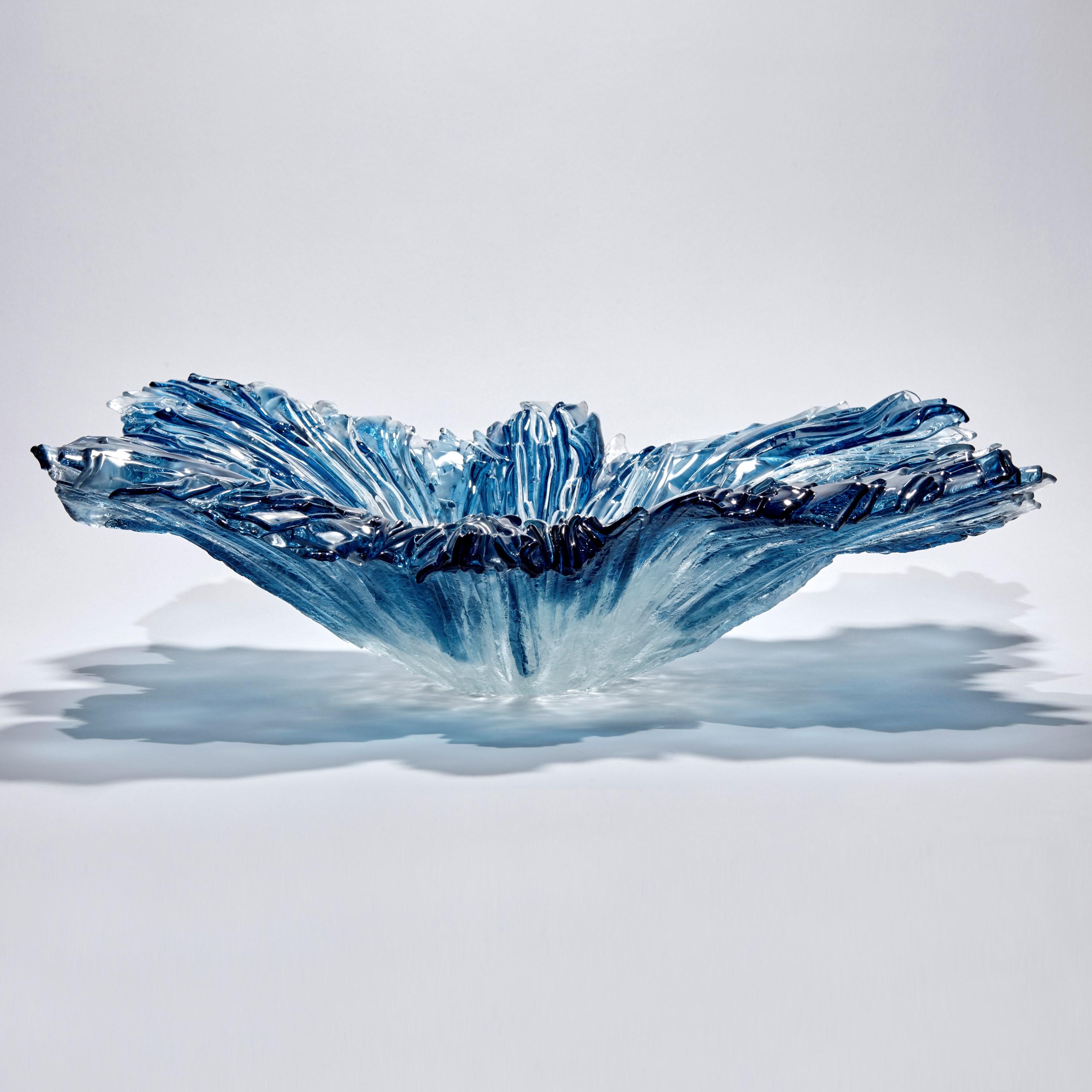 British Coral Bowl in Aqua, Blue & Clear Glass Sculptural Centrepiece by Wayne Charmer