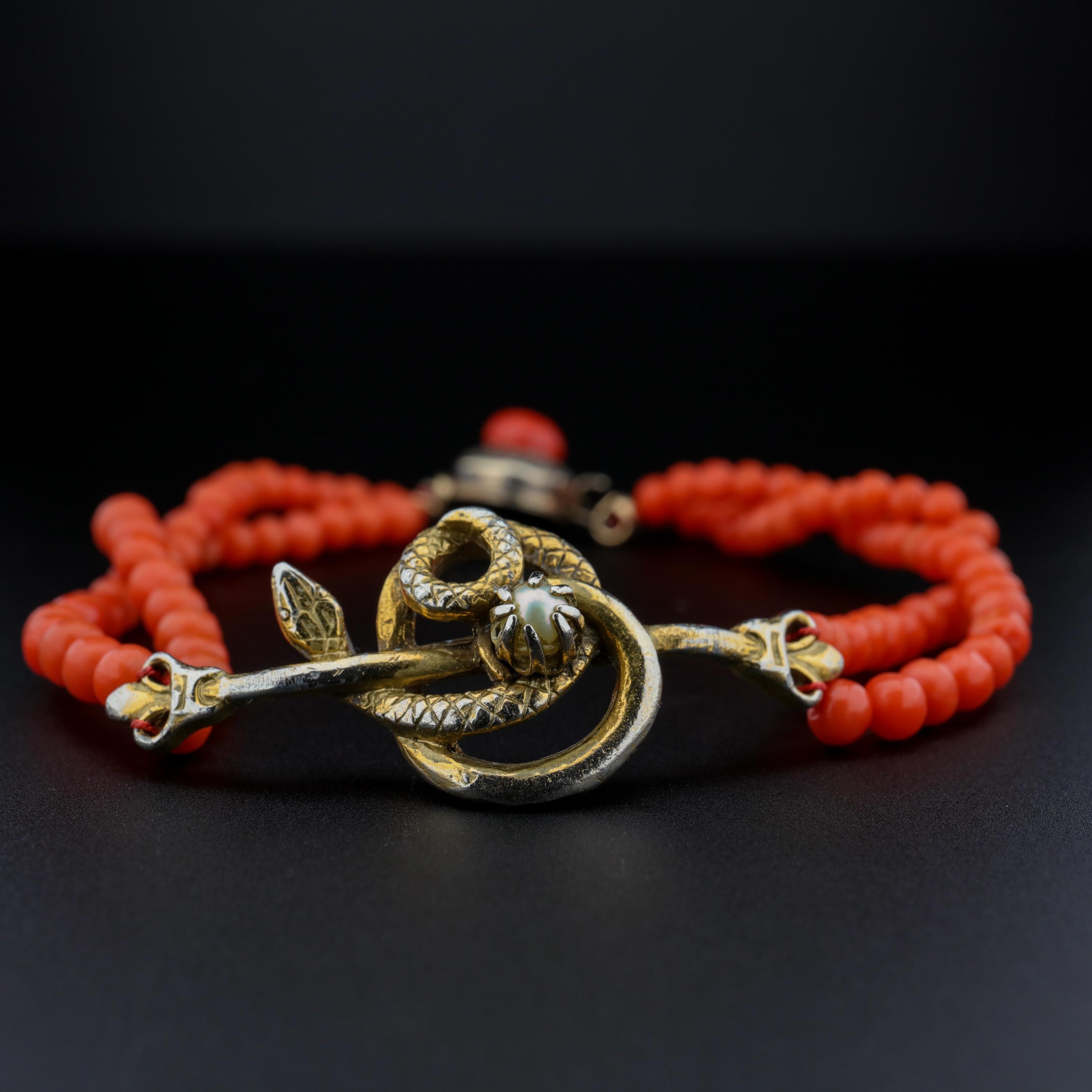 Coral Bracelet Victorian with Serpent and Natural Pearl In Good Condition In Southbury, CT