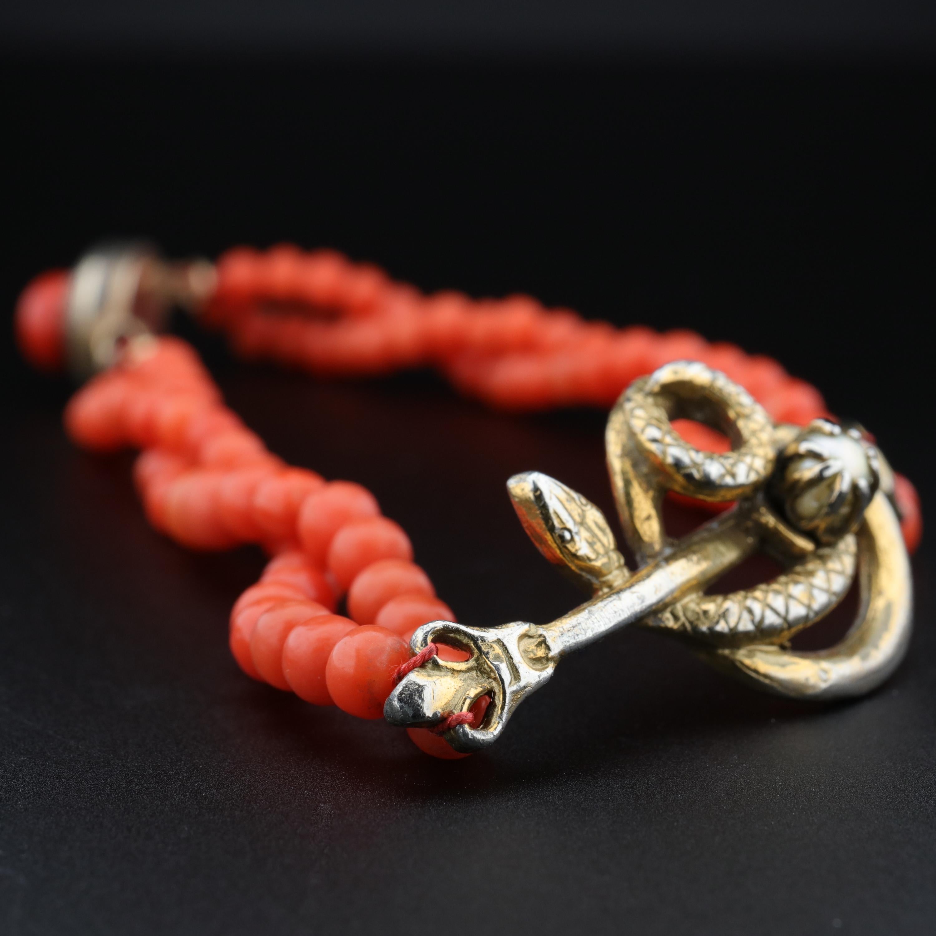 Coral Bracelet Victorian with Serpent and Natural Pearl 1