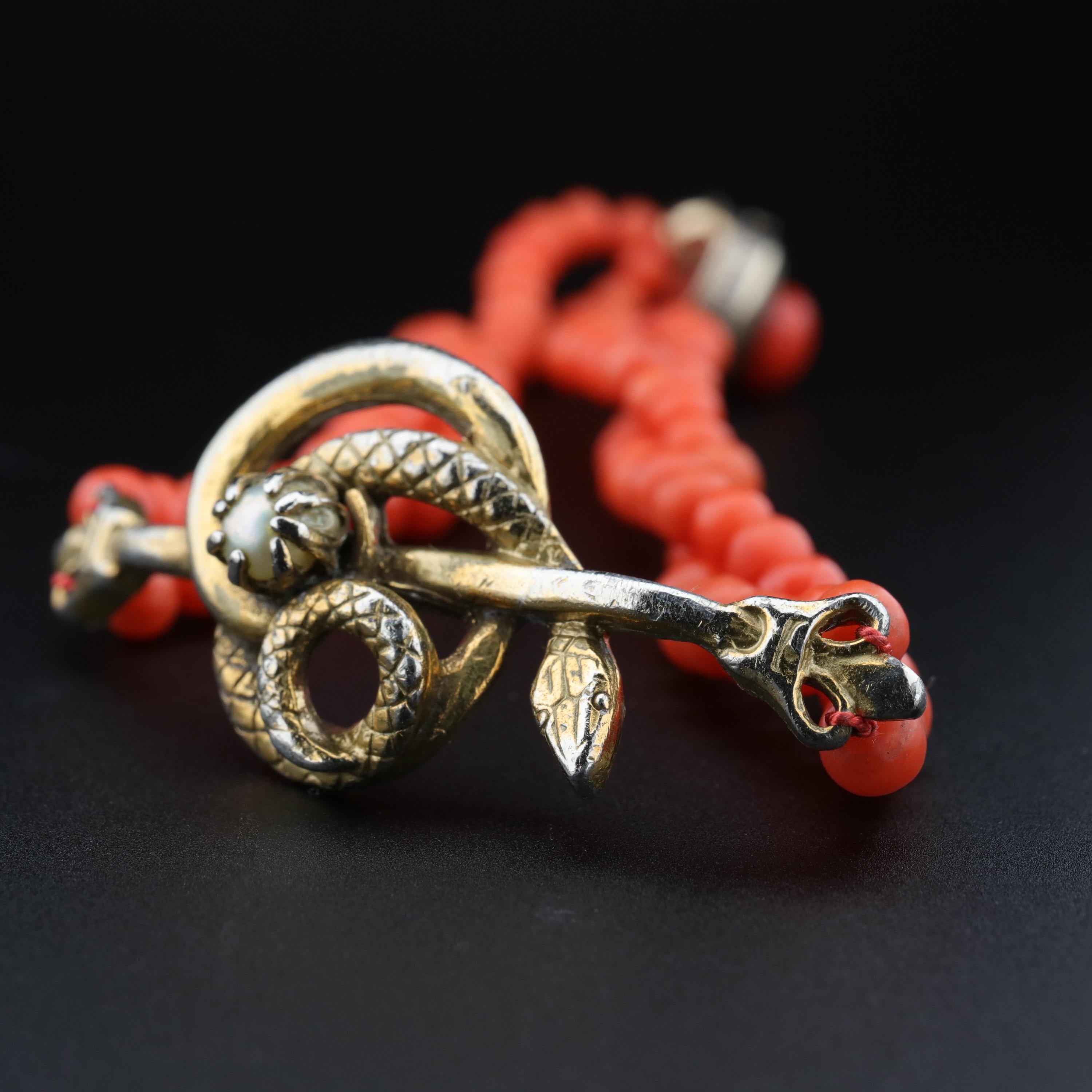 Coral Bracelet Victorian with Serpent and Natural Pearl 3