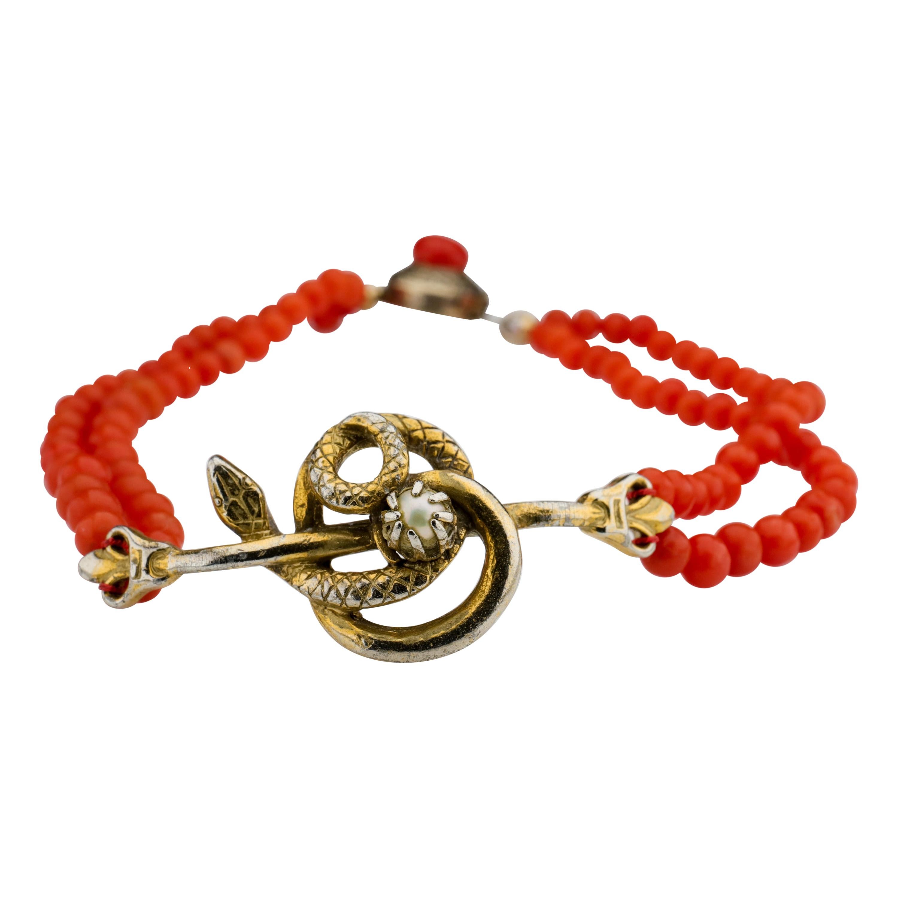 Coral Bracelet Victorian with Serpent and Natural Pearl