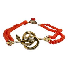 Antique Coral Bracelet Victorian with Serpent and Natural Pearl