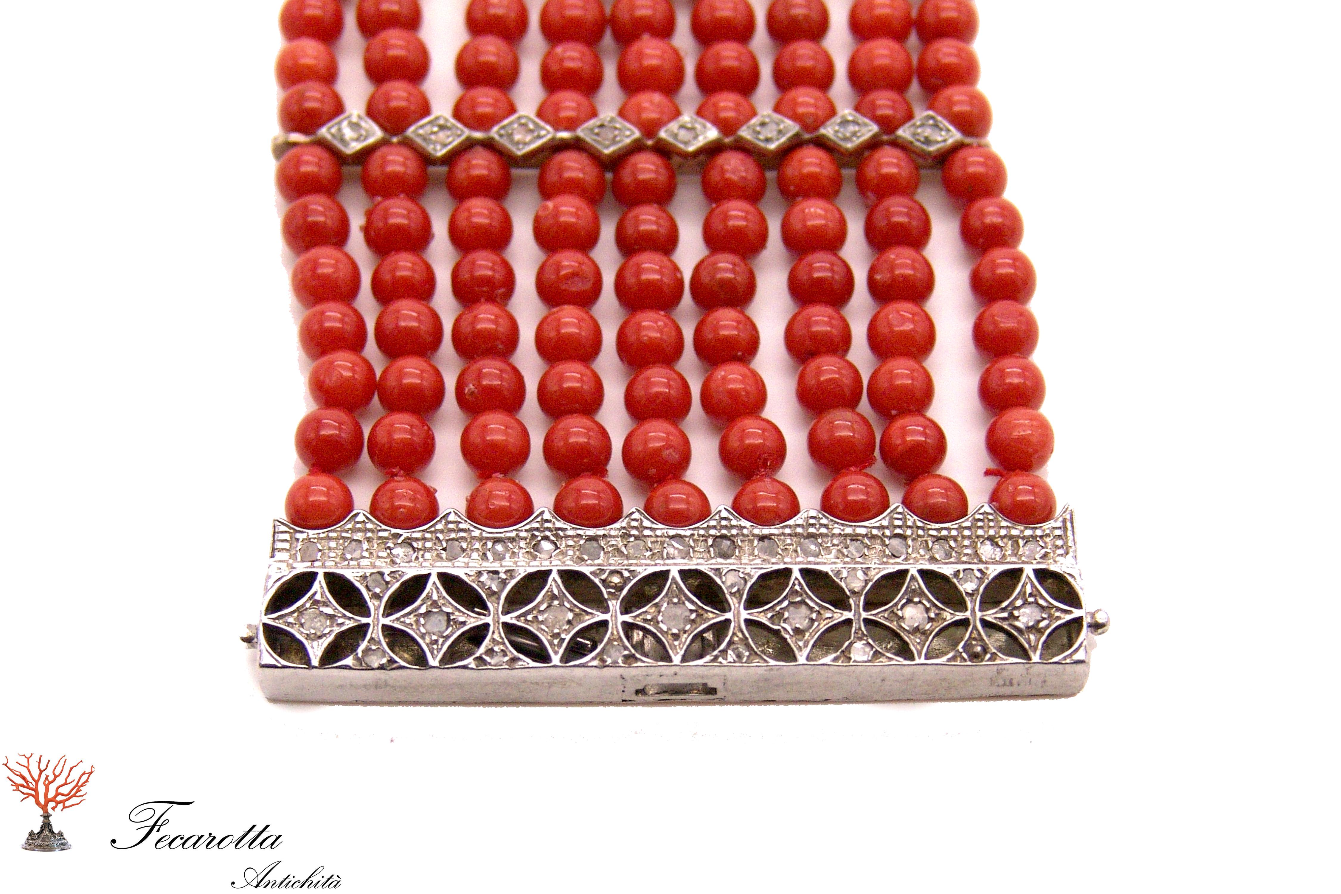 Art Deco Coral Bracelet with Diamonds For Sale