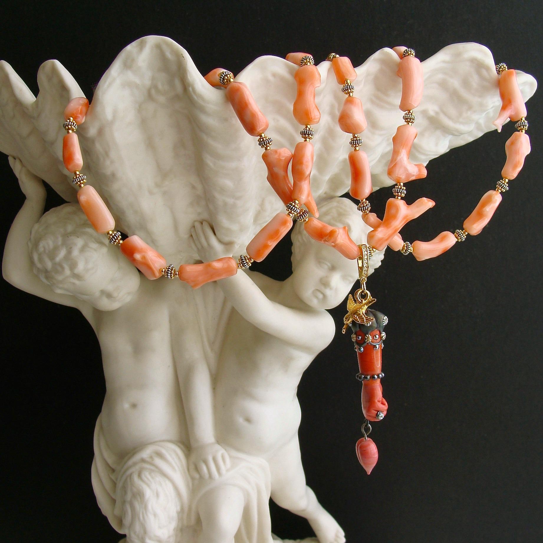 Artisan Coral Branch Necklace Removable Hand and Heart Coral Lampwork Figa Pendant For Sale