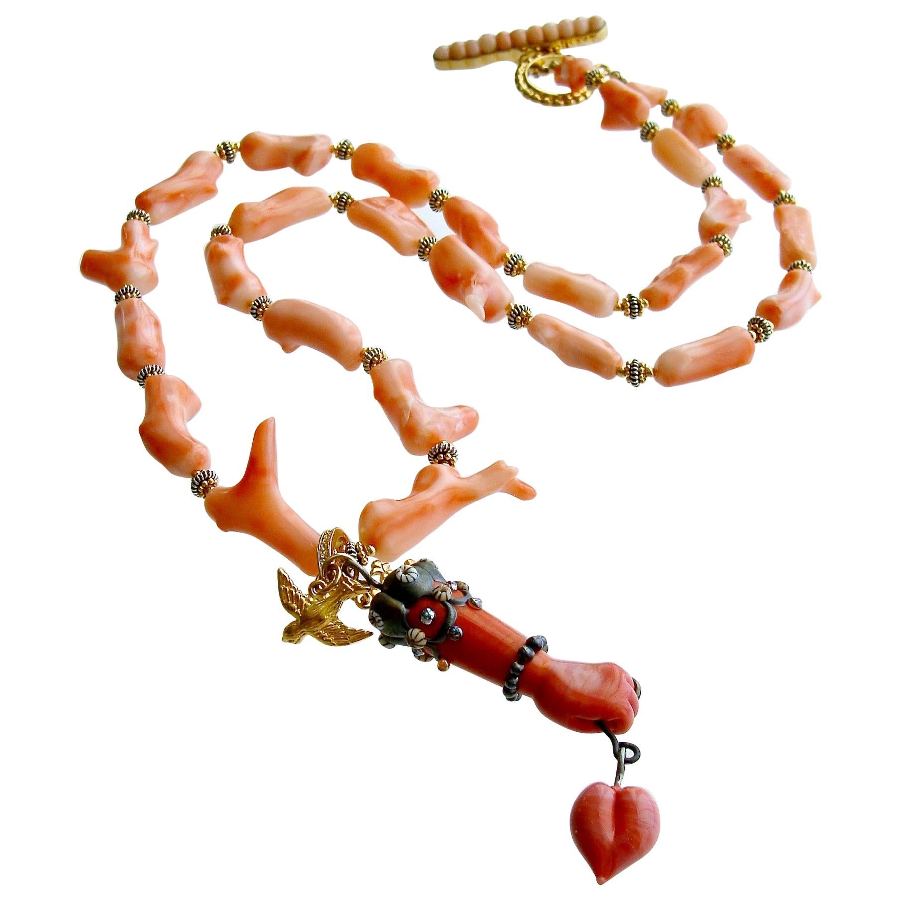 Coral Branch Necklace Removable Hand and Heart Coral Lampwork Figa Pendant For Sale
