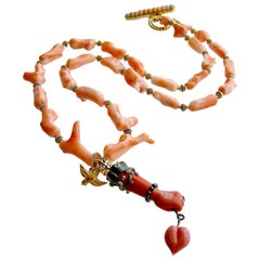 Coral Branch Necklace Removable Hand and Heart Coral Lampwork Figa Pendant