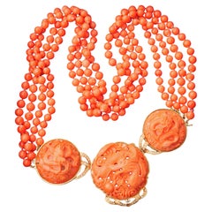 Coral Brilliant Necklace Yellow Gold very unique Dragon Carvings multi-strand
