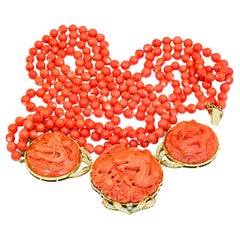 Collar Coral Brillante Oro Amarillo muy singular Tallado Dragón de varias vueltas