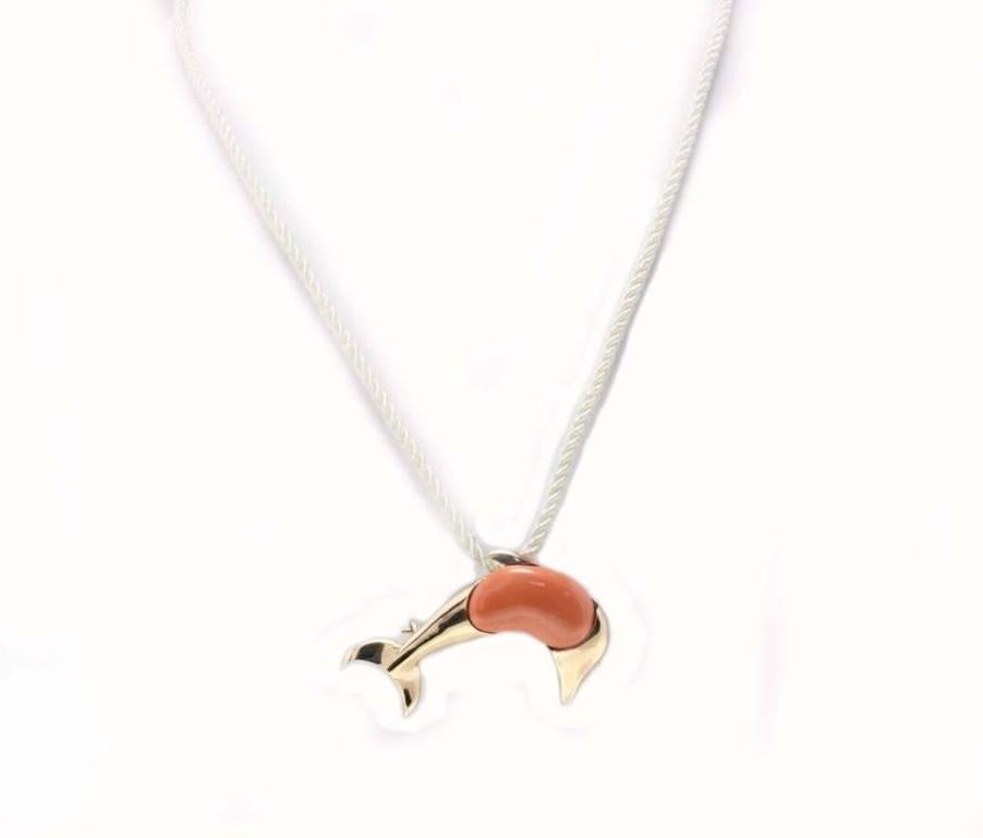 Retro Red Coral, Dolphin Shape in Rose Gold Brooch and Pendant Necklace  For Sale