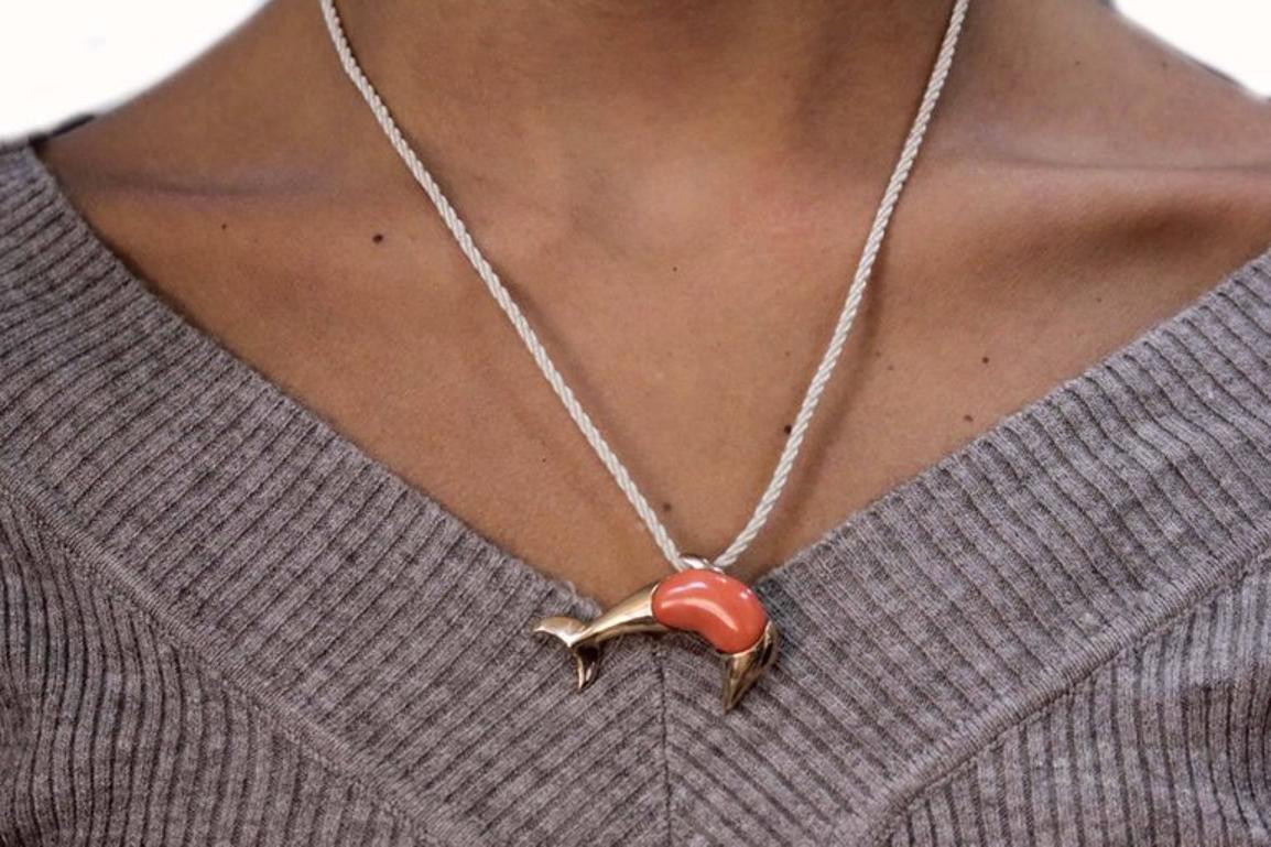 Round Cut Red Coral, Dolphin Shape in Rose Gold Brooch and Pendant Necklace  For Sale