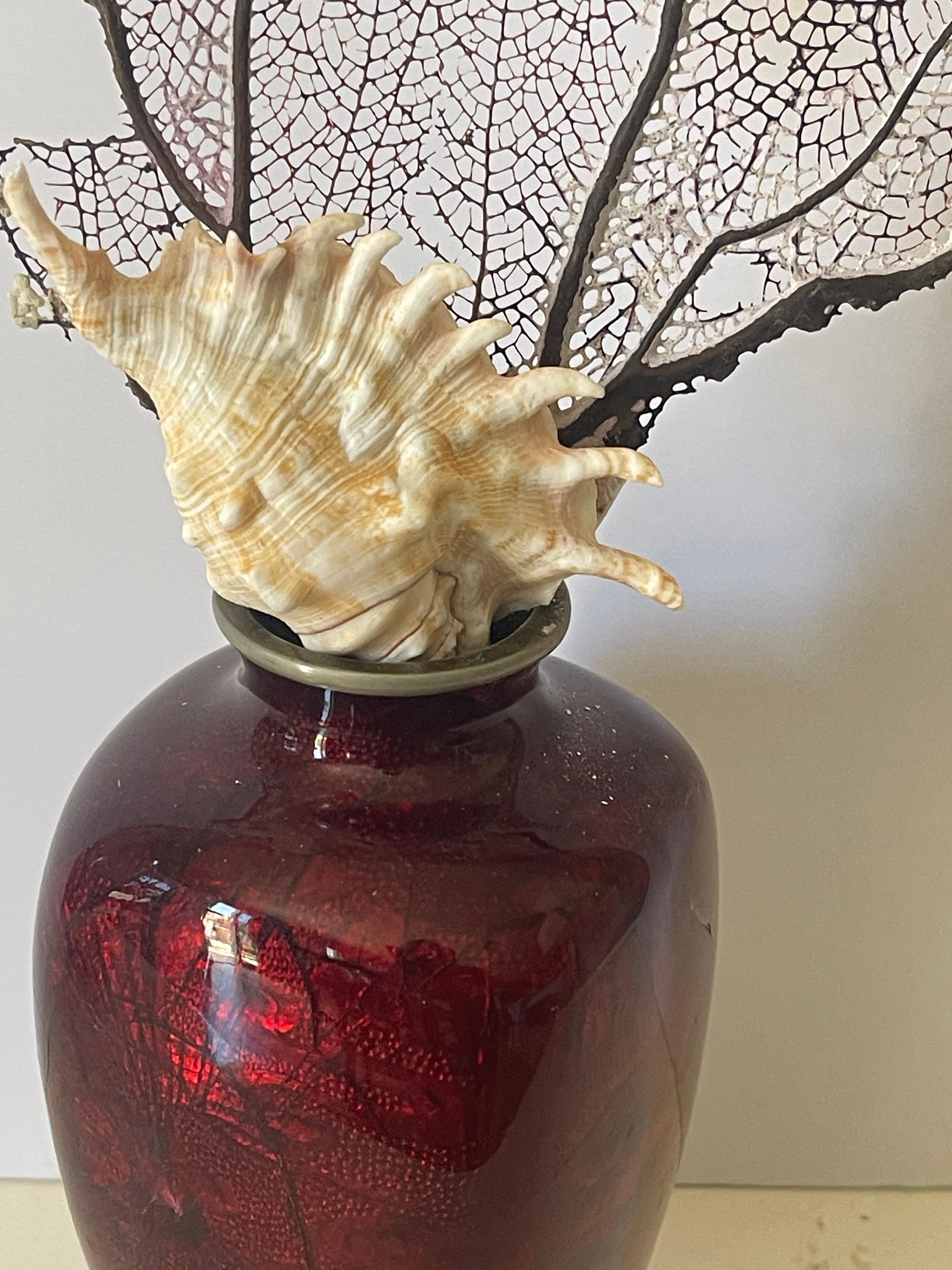 Organique Coral Branch with Shell in. Japanese Red Enamel Vase en vente
