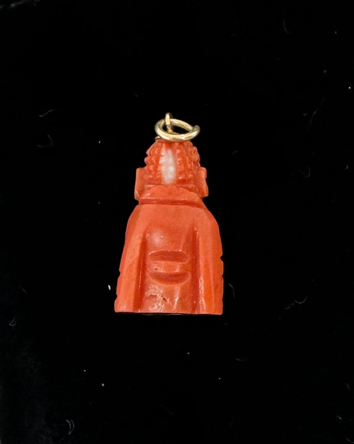 Coral Buddha Pendant Charm Antique Art Deco 14 Karat Gold Necklace Momo Coral For Sale 3