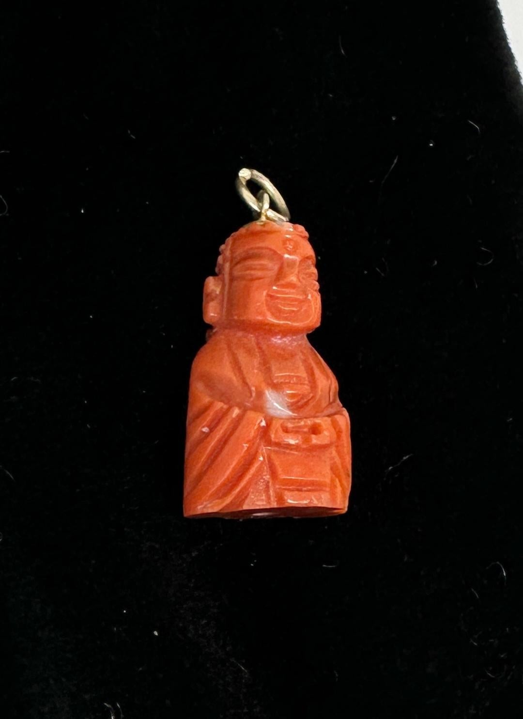 Coral Buddha Pendant Charm Antique Art Deco 14 Karat Gold Necklace Momo Coral In Excellent Condition For Sale In New York, NY