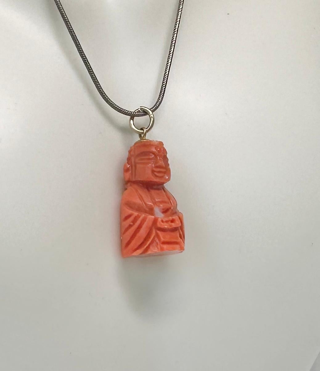 Women's or Men's Coral Buddha Pendant Charm Antique Art Deco 14 Karat Gold Necklace Momo Coral For Sale