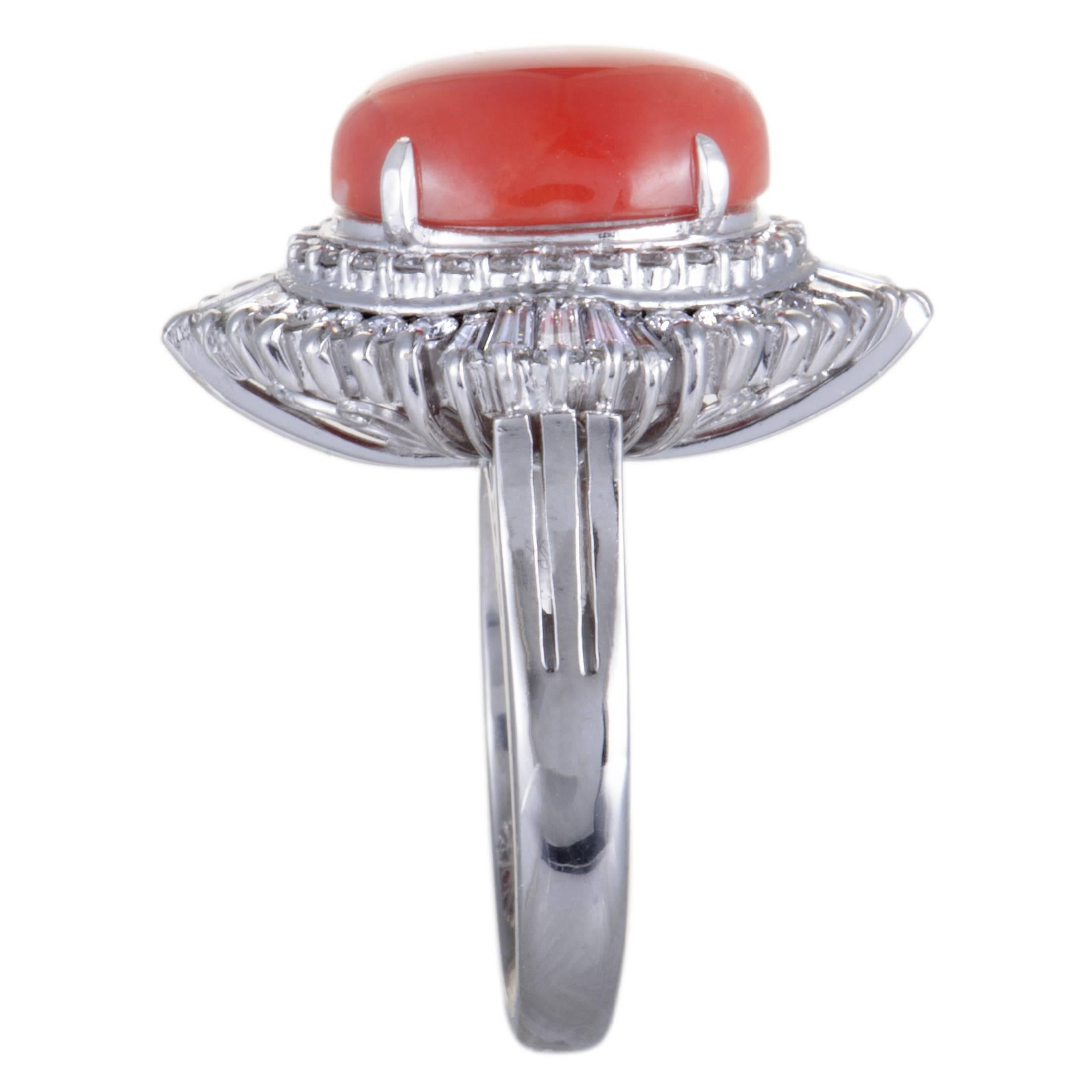 Oval Cut Coral Cabochon and Baguette Diamond Platinum Cocktail Ring