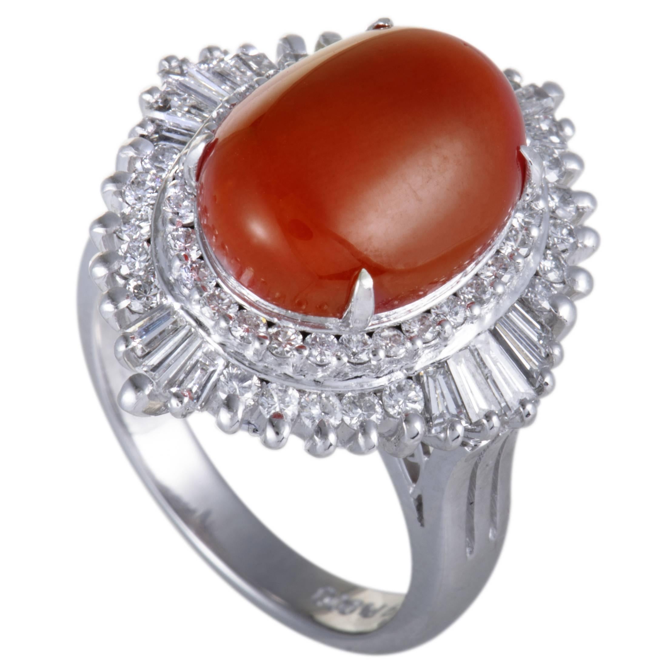 Coral Cabochon and Baguette Diamond Platinum Cocktail Ring