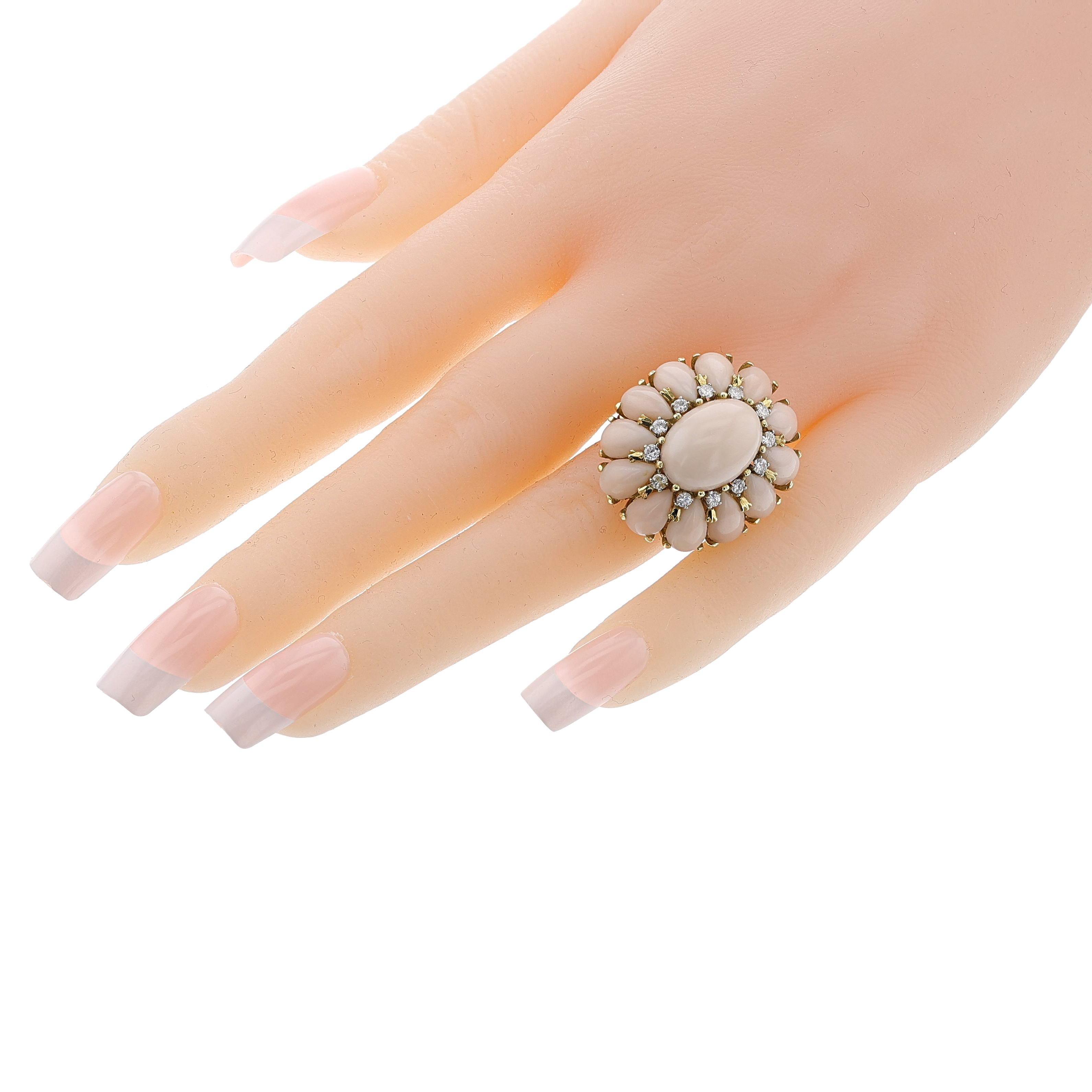 Coral Cabochon and Diamond Floral Cocktail Ring, 18k For Sale 6