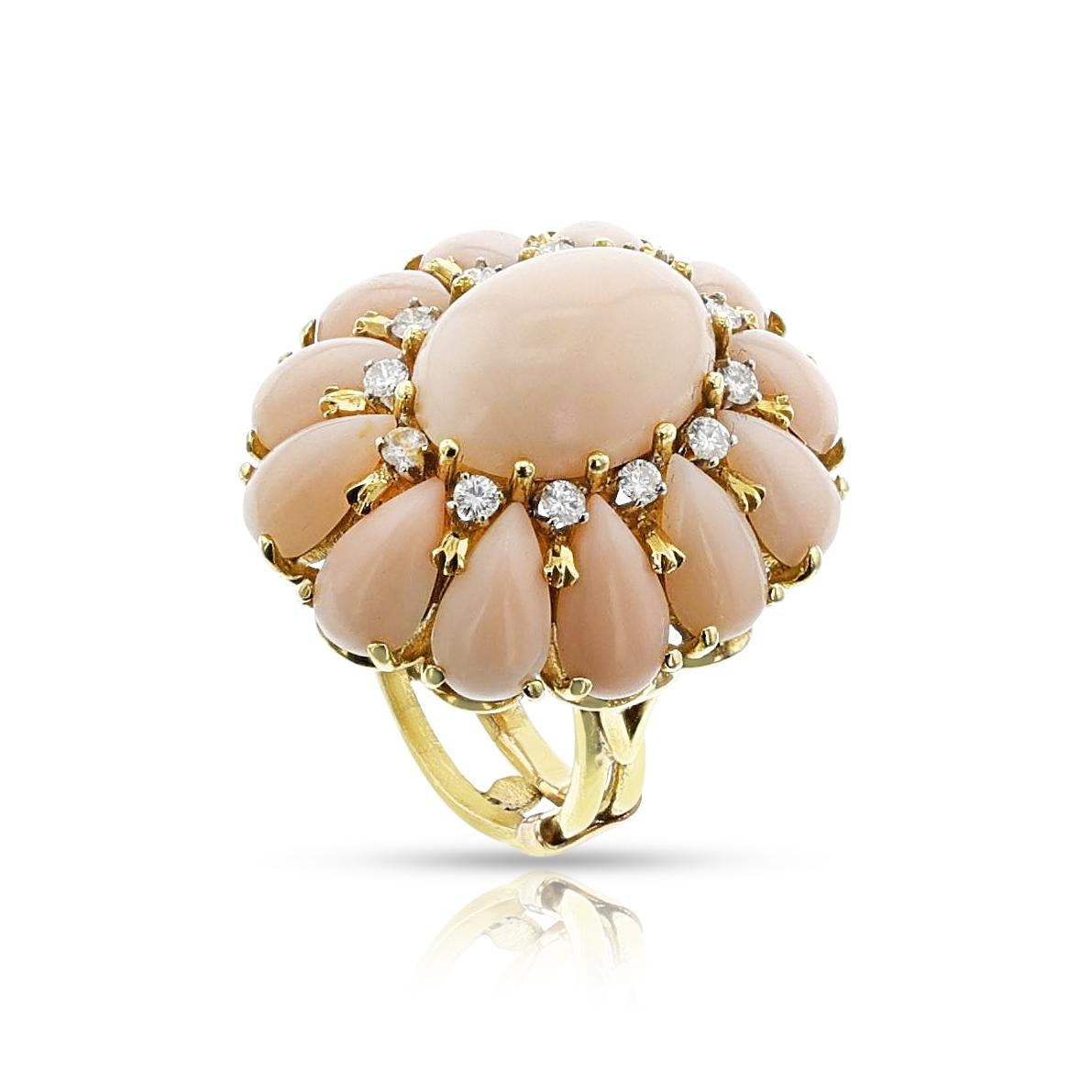 Women's or Men's Coral Cabochon and Diamond Floral Cocktail Ring, 18k For Sale