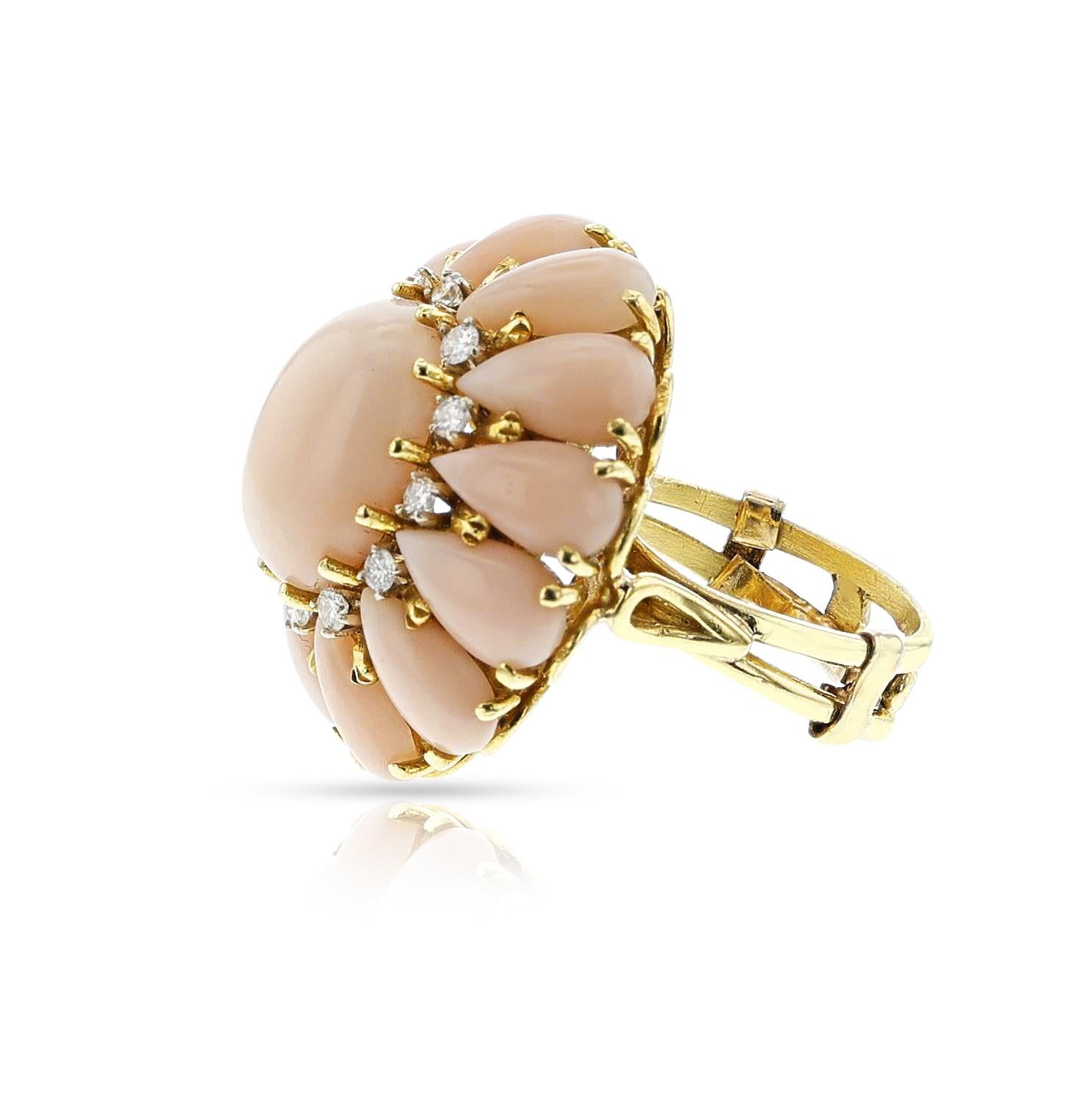 Coral Cabochon and Diamond Floral Cocktail Ring, 18k For Sale 3