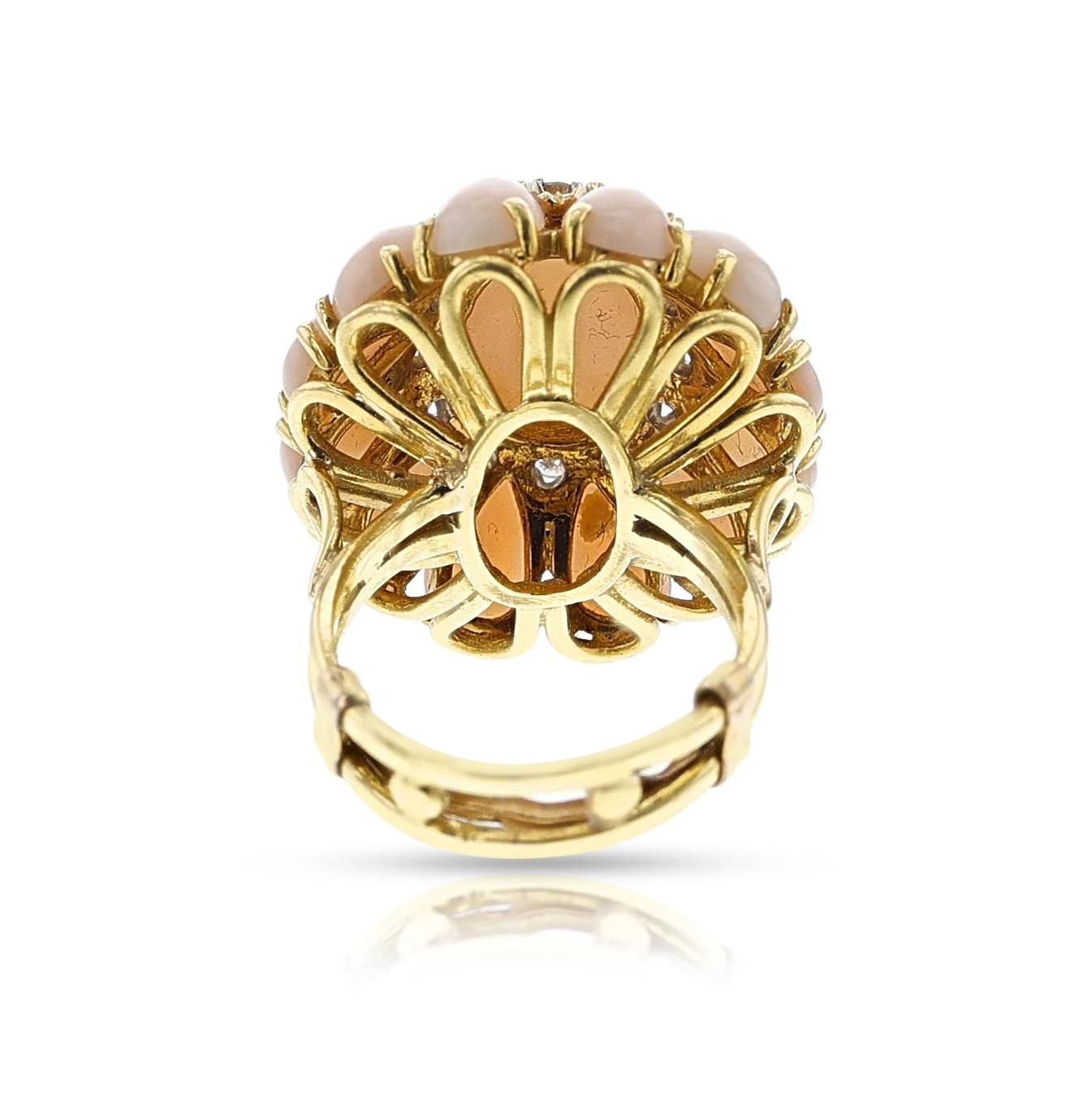 Coral Cabochon and Diamond Floral Cocktail Ring, 18k For Sale 4