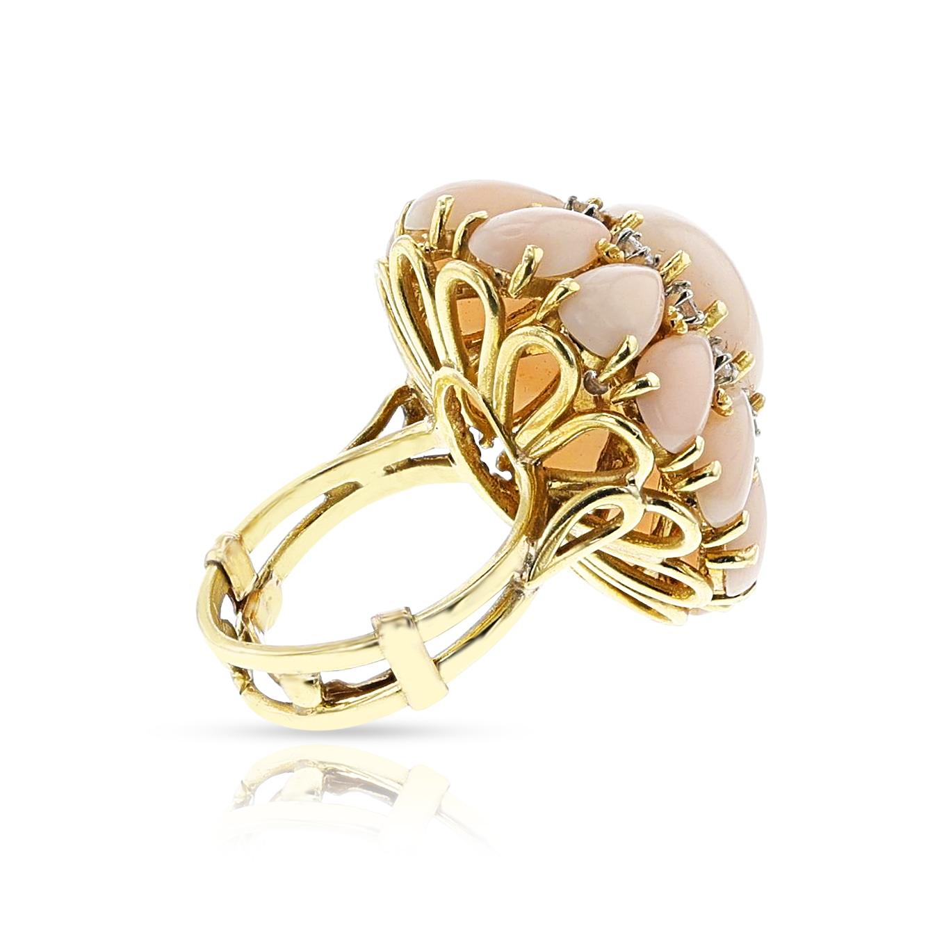 Coral Cabochon and Diamond Floral Cocktail Ring, 18k For Sale 5