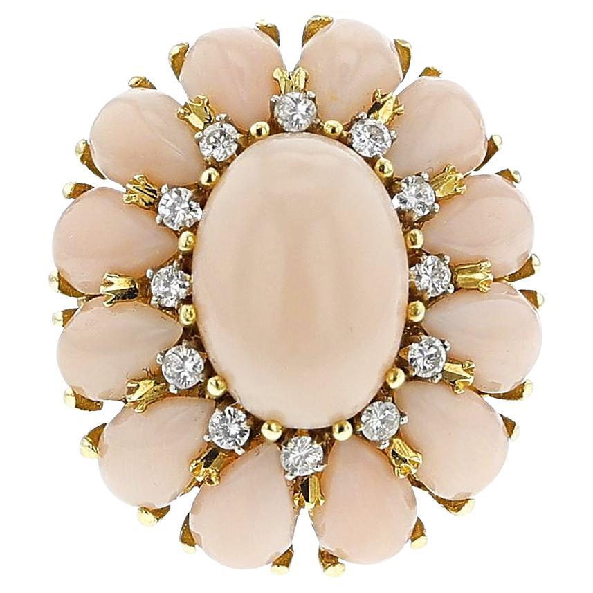 Coral Cabochon and Diamond Floral Cocktail Ring, 18k