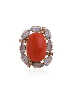 Coral Cabochon and Sapphire Carved Leaves and Diamond Cocktail Ring in Gold