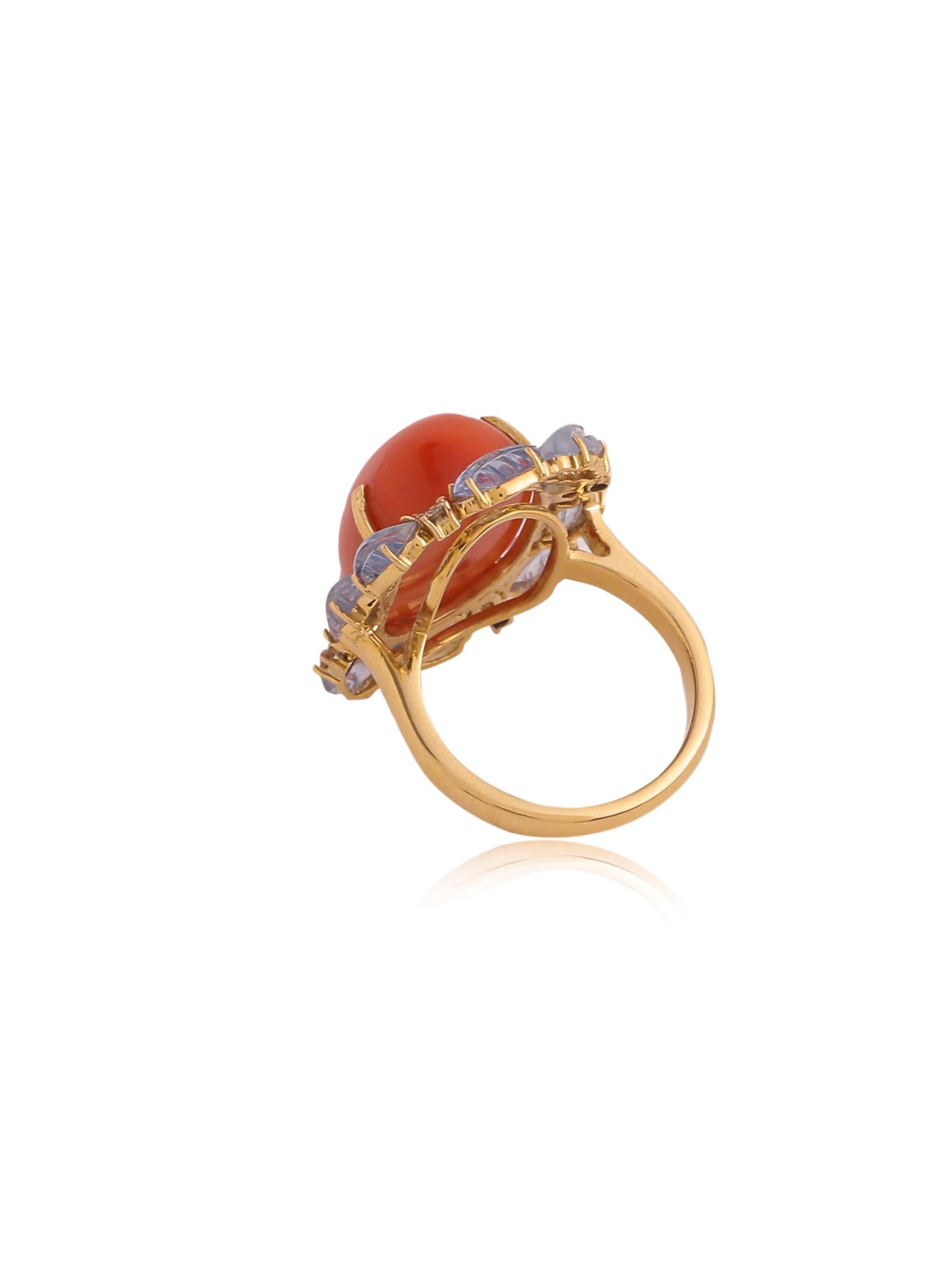 Art Deco Coral Cabochon and Sapphire Carved Leaves and Diamond Cocktail Ring in Gold