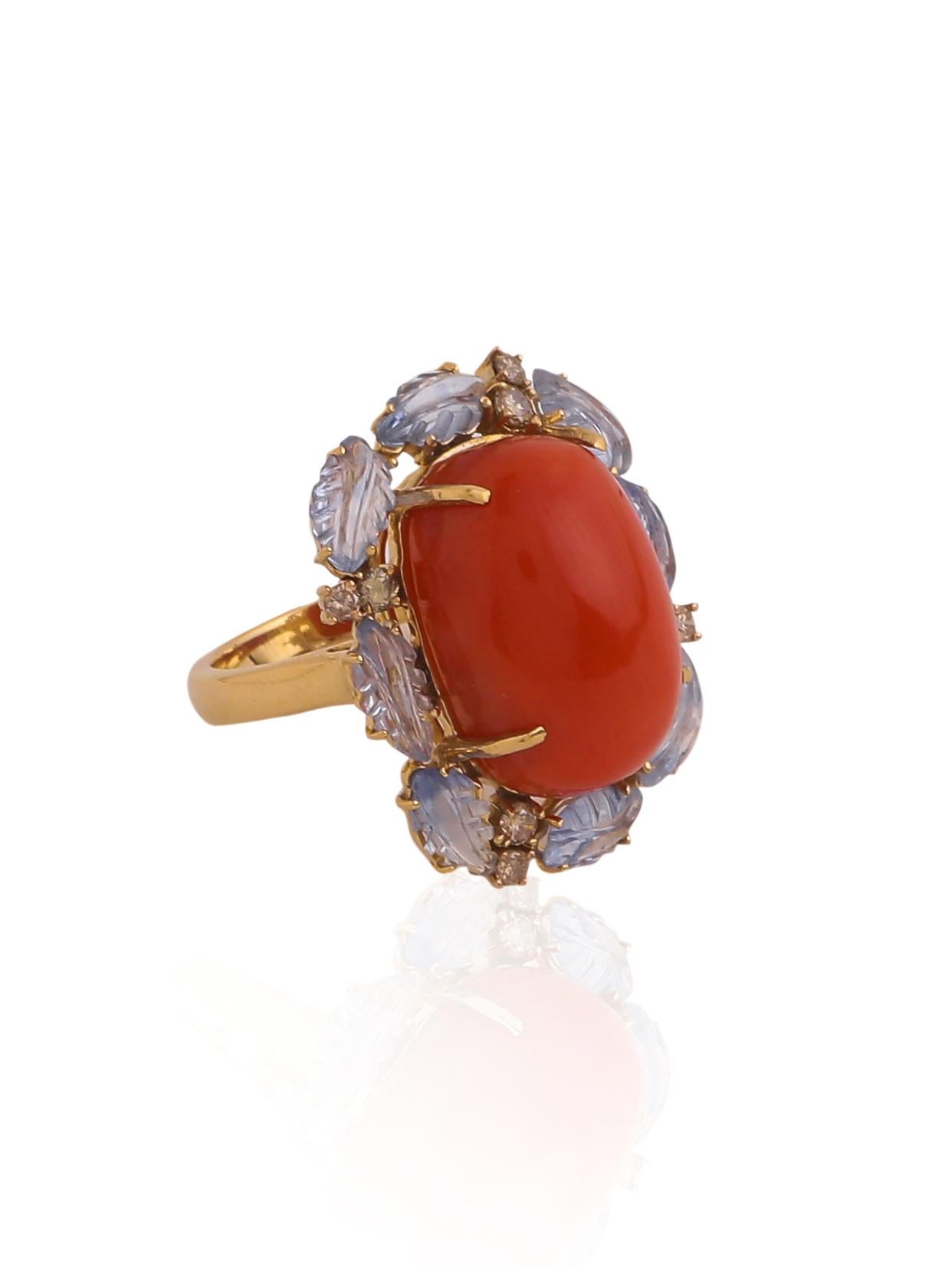 Coral Cabochon and Sapphire Carved Leaves and Diamond Cocktail Ring in Gold In New Condition In Jaipur, IN