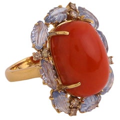 Coral Cabochon and Sapphire Carved Leaves and Diamond Cocktail Ring in Gold