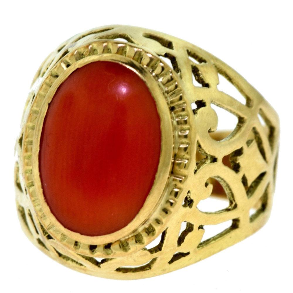 Women's or Men's Coral Cabochon in 18 Karat Yellow Gold Solitaire Ring