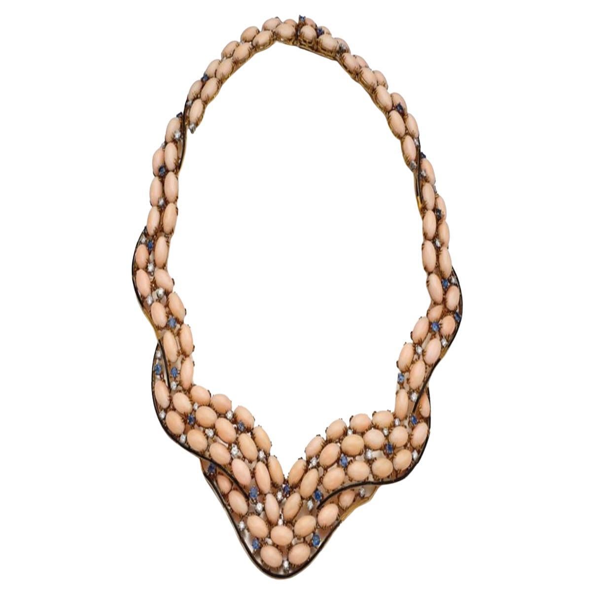 Coral Cabochons Necklace signed scavia For Sale