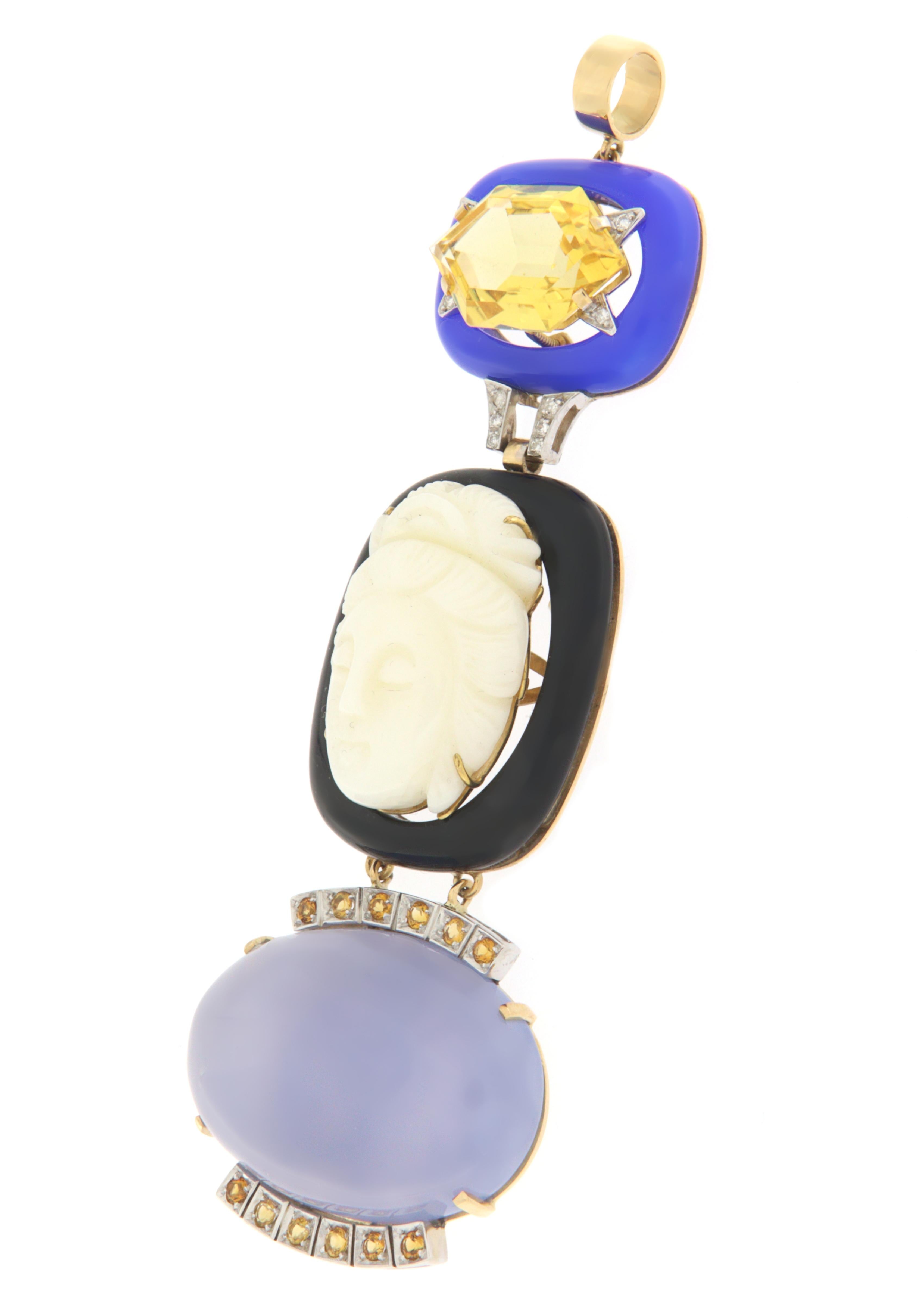 Artisan Coral Cameo Diamonds Citrine 18 Karat Yellow Gold Pendant Necklace For Sale