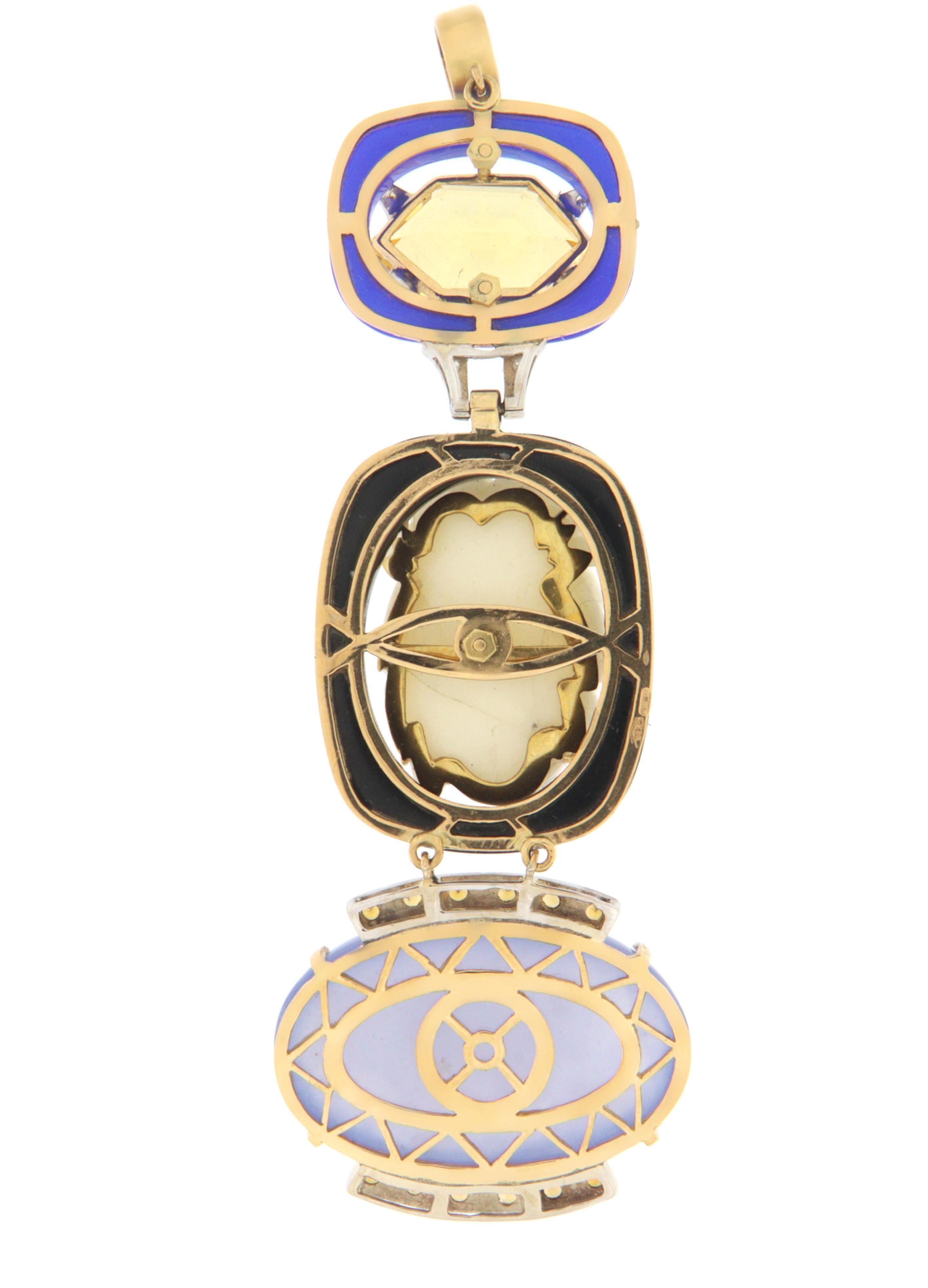 Brilliant Cut Coral Cameo Diamonds Citrine 18 Karat Yellow Gold Pendant Necklace For Sale