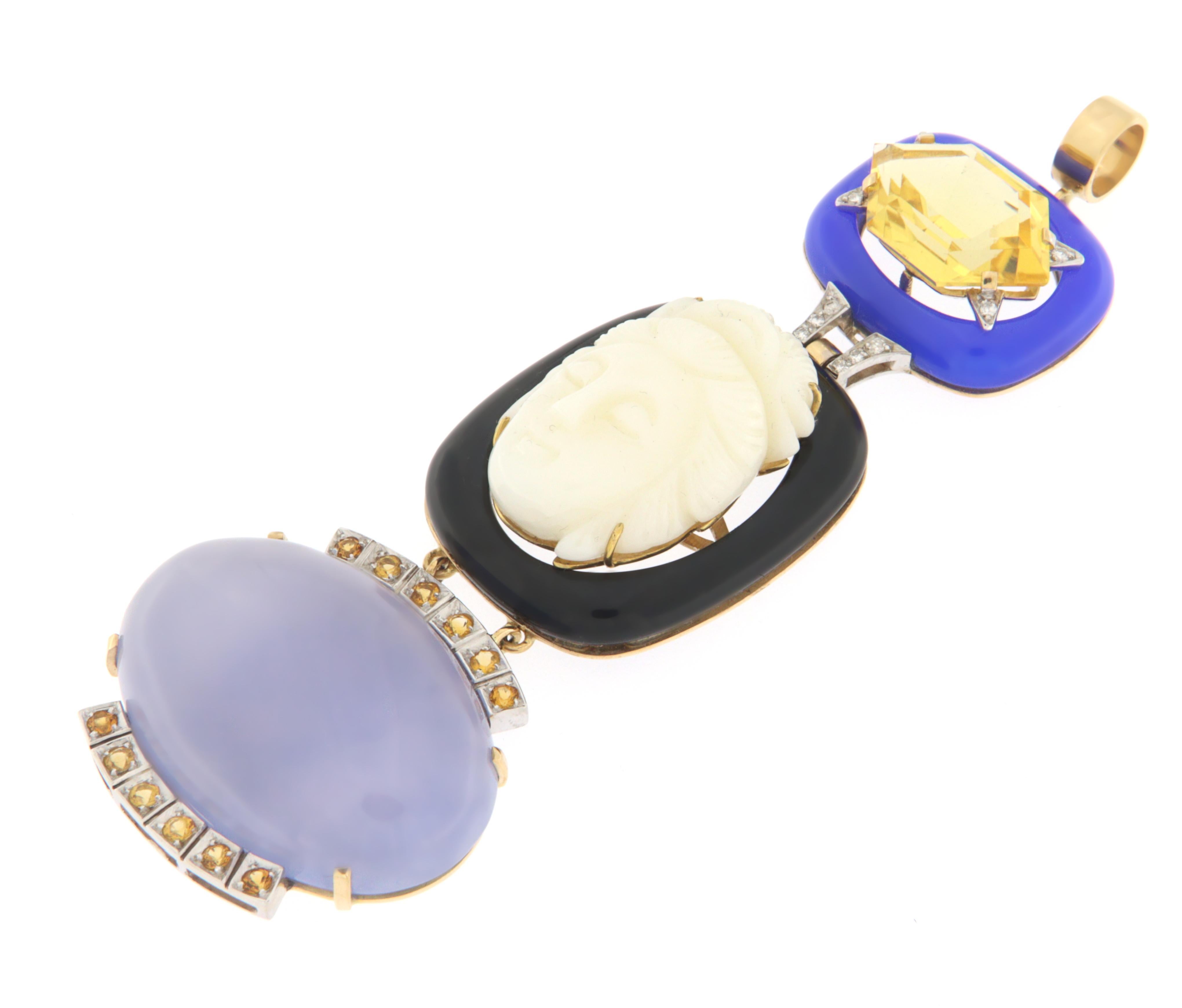 Halskette mit Anhänger, Koralle Kamee Diamanten Citrin 18 Karat Gelbgold im Zustand „Neu“ im Angebot in Marcianise, IT