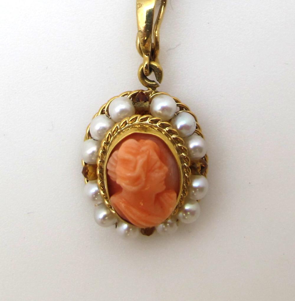 Women's Coral Cameo Fillegree Pendant with Seed Pearl Beads 18 Karat Yellow Gold