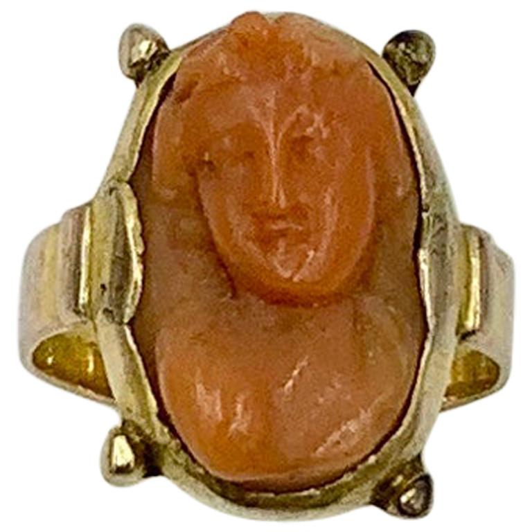 Coral Cameo Nude Ring Etruscan Antique Belle Époque 14 Karat Gold Deeply Carved For Sale