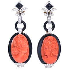 Coral Cameo Onyx Diamonds White Gold Earrings, 1930es