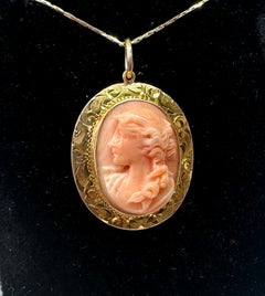 Coral Cameo Pendant Necklace Gold Neoclassical Goddess Maiden Victorian