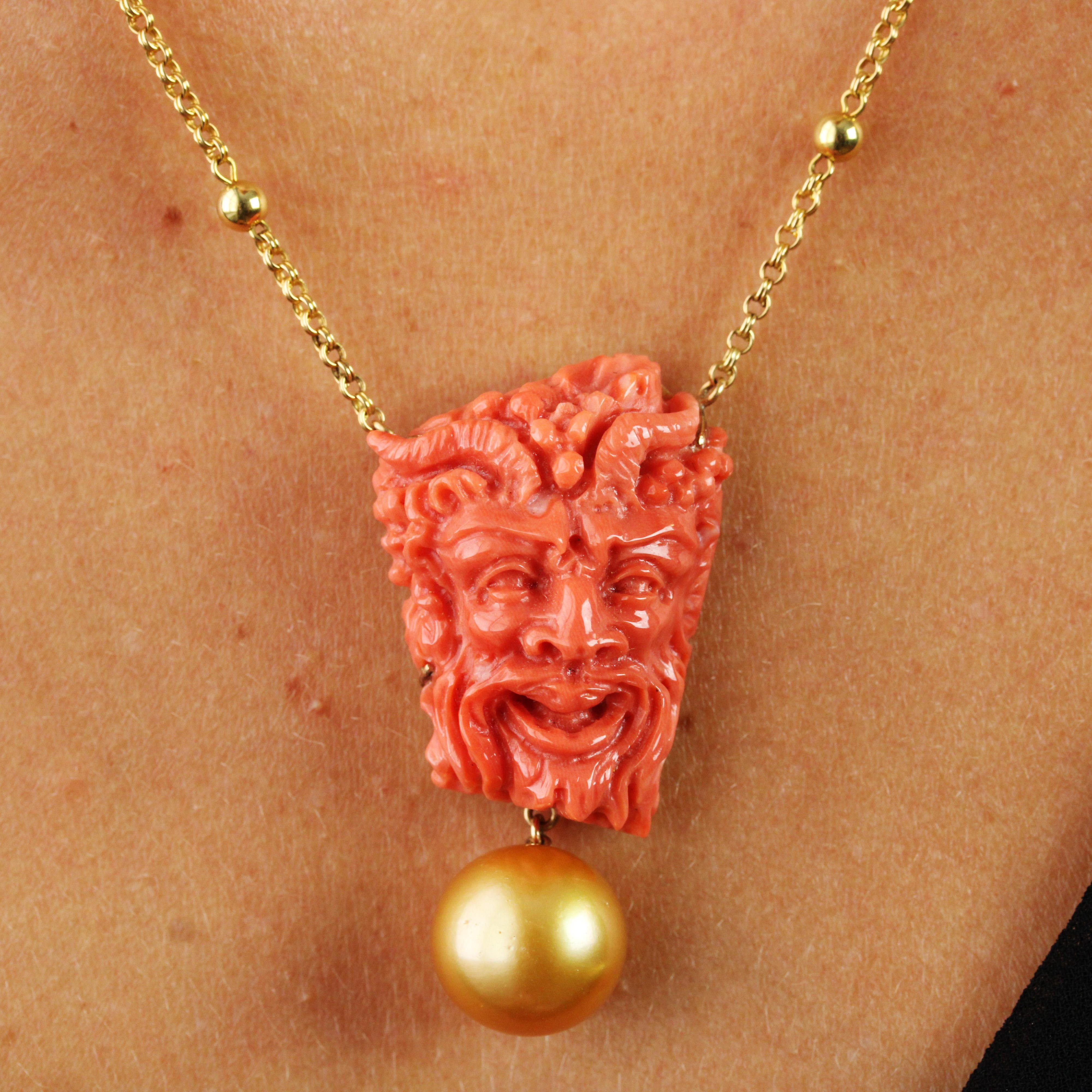 Coral Cameo South Sea Pearl Yellow Gold Necklace For Sale 3